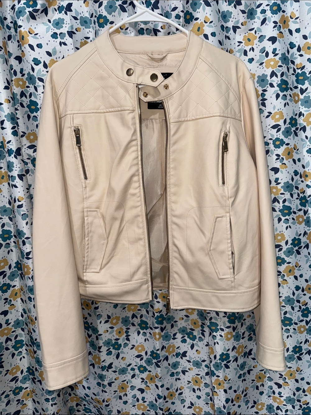 Beverly Hills Polo Club Cream Quilted Moto-Style Faux Leather Jacket